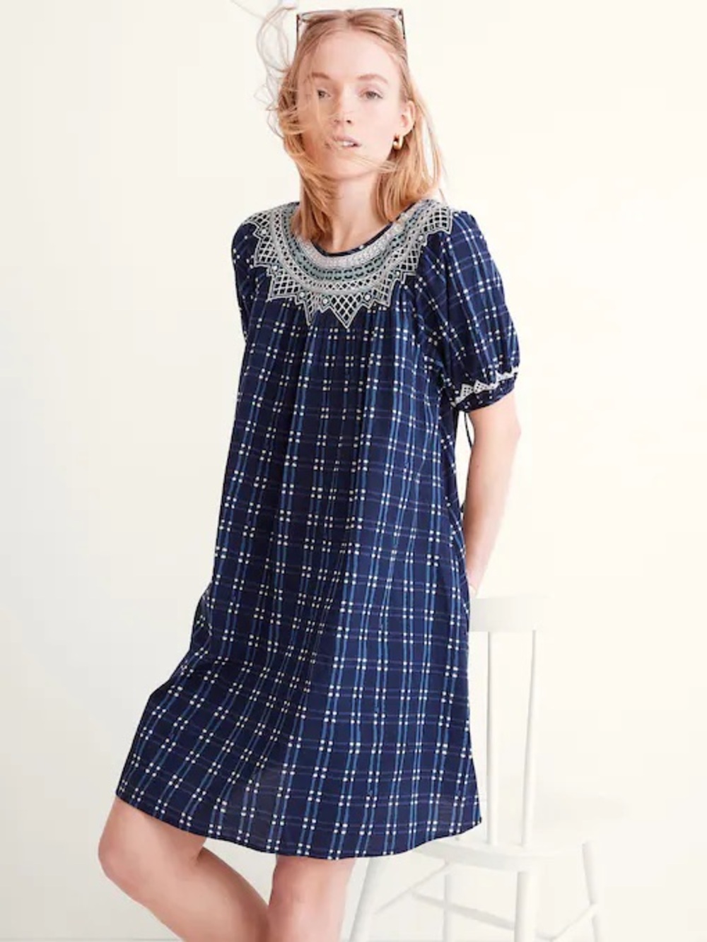 Madewell Embroidered Puff-Sleeve Babydoll Dress in Indigo Plaid Boho Women’s S